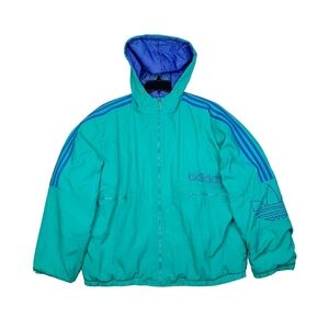 Vintage 90s Adidas Puffer Jacket Quilted Rare Teal Green Trefoil Three Stripe L